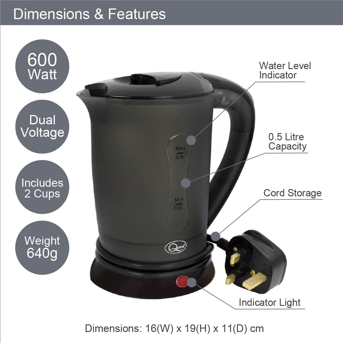 Quest 600w Low Wattage Travel Kettle - Image 2